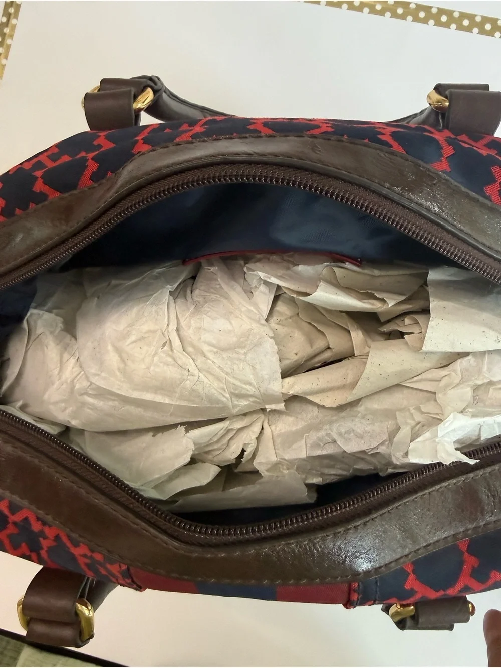 Tommy Hilfiger Nylon Satchel | Red Navy Monogram | Brown Trim